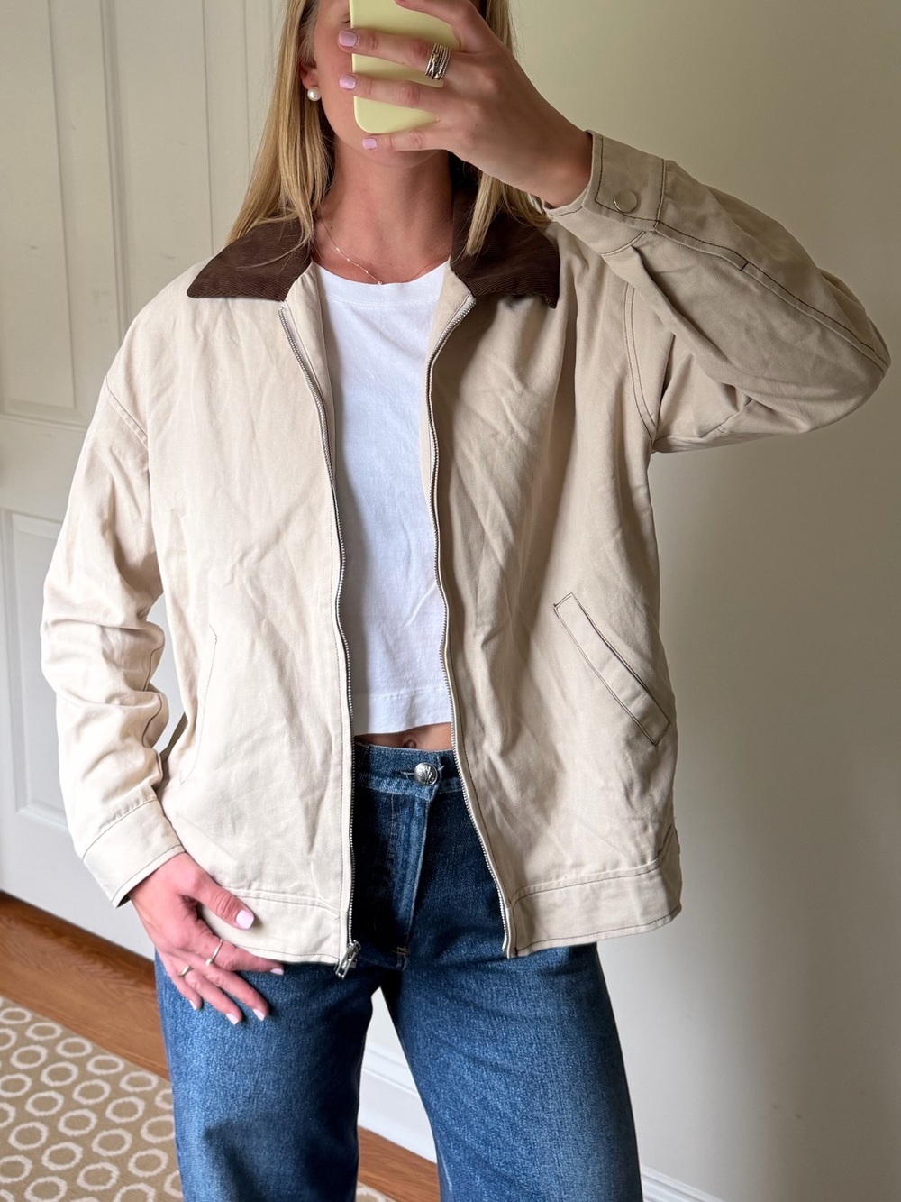 Beige Women's Barn Jacket with Brown Collar